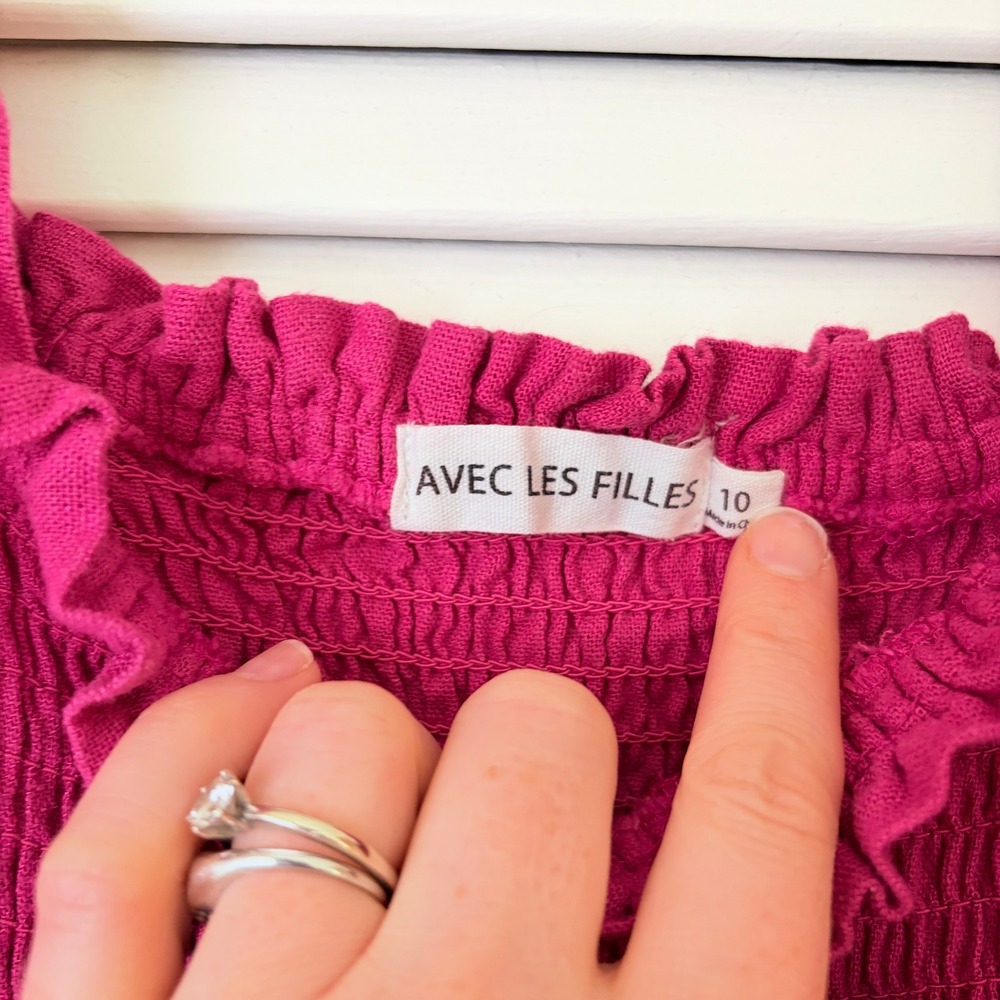 Anthro x Avec Les Filles Tiered Linen Dress Smocked Sz 10 Fuchsia Pink Ruffle - Picture 6 of 8